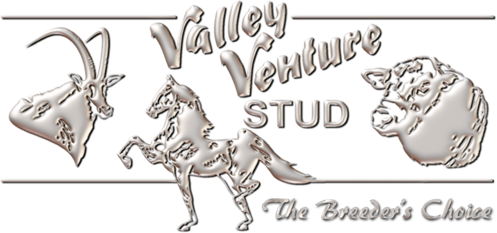 Valley Venture Stud logo – silver crest with a sable, a Saddlebred horse and a Santa Gertrudis bull, The Breeder's Choice